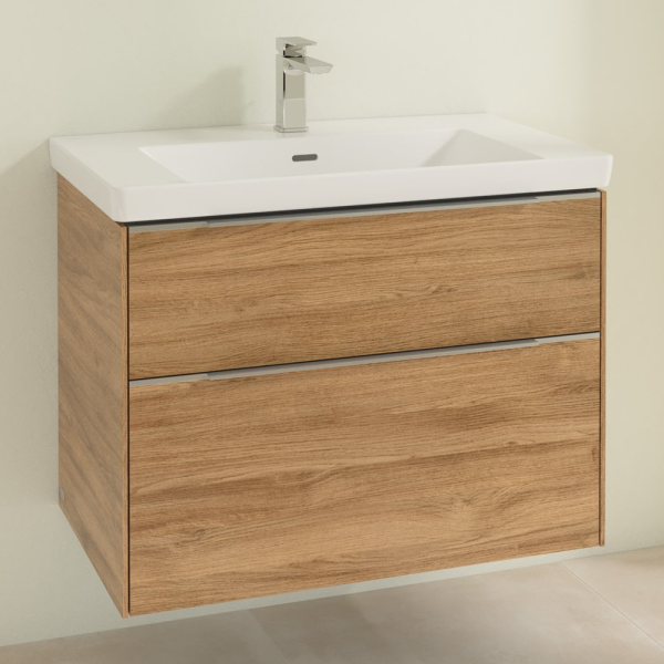 Villeroy and Boch Subway 3.0 Kansas Oak 800mm Wall Hung 2 Drawer Vanity Unit with Glossy Aluminium Handle