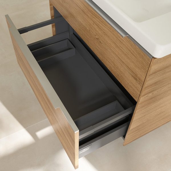 Villeroy and Boch Subway 3.0 Kansas Oak 800mm Wall Hung 2 Drawer Vanity Unit with Glossy Aluminium Handle - Image 6