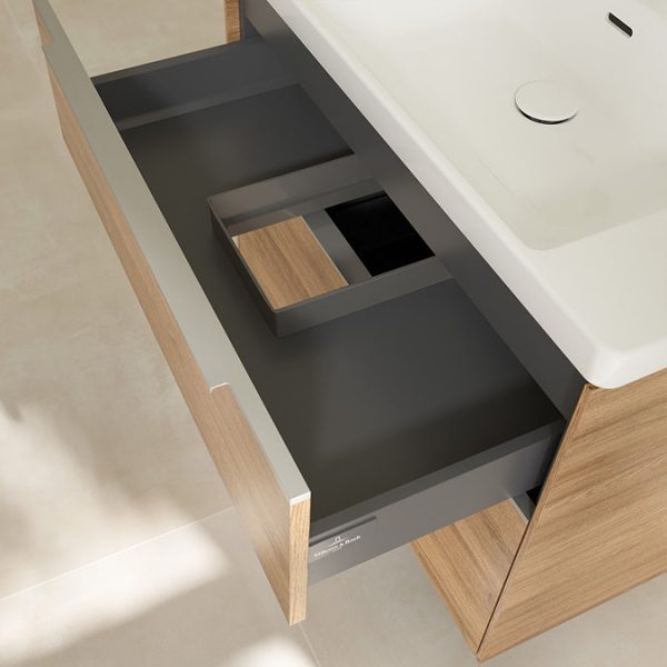 Villeroy and Boch Subway 3.0 Kansas Oak 800mm Wall Hung 2 Drawer Vanity Unit with Glossy Aluminium Handle - Image 2