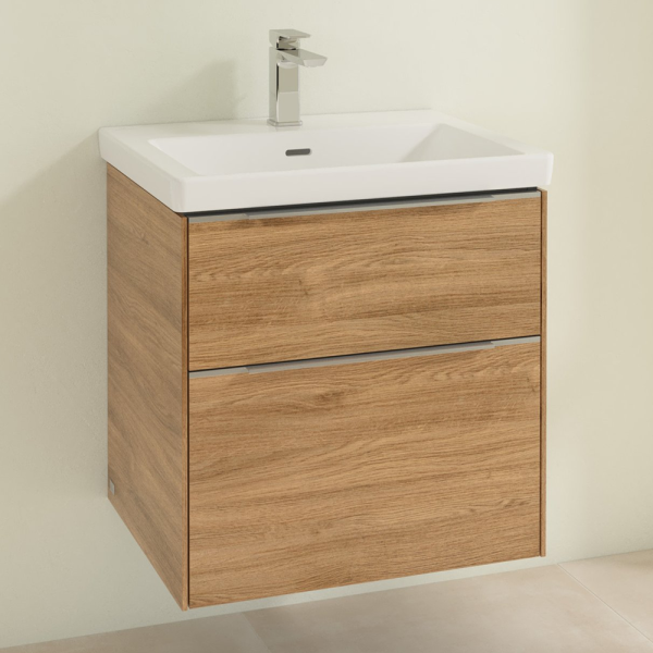Villeroy and Boch Subway 3.0 Kansas Oak 600mm Wall Hung 2 Drawer Vanity Unit with Glossy Aluminium Handle