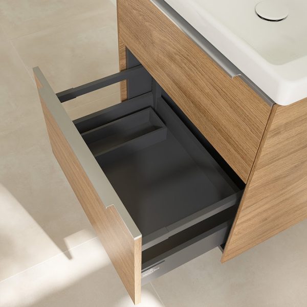 Villeroy and Boch Subway 3.0 Kansas Oak 600mm Wall Hung 2 Drawer Vanity Unit with Glossy Aluminium Handle - Image 6