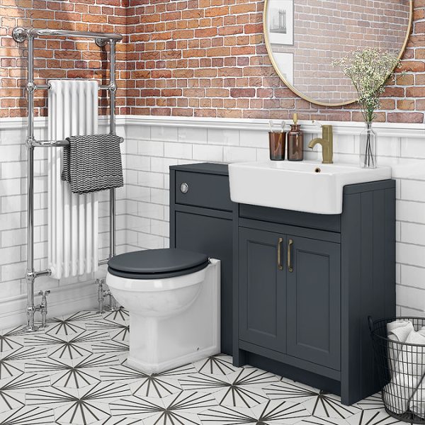Chatsworth Traditional Graphite Semi Recessed Vanity   600mm Wide with Antique Brass Handles - Image 2
