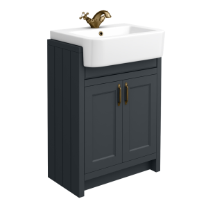 Chatsworth Traditional Graphite Semi Recessed Vanity   600mm Wide with Antique Brass Handles