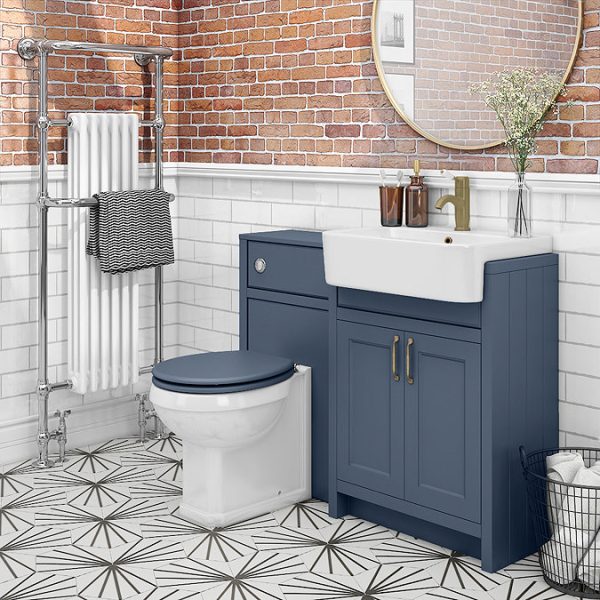 Chatsworth Traditional Blue Semi Recessed Vanity   600mm Wide with Antique Brass Handles - Image 2