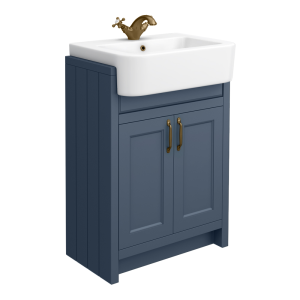 Chatsworth Traditional Blue Semi Recessed Vanity   600mm Wide with Antique Brass Handles