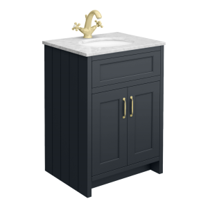 Chatsworth Graphite 610mm Vanity with White Marble Basin Top + Brushed Brass Handles