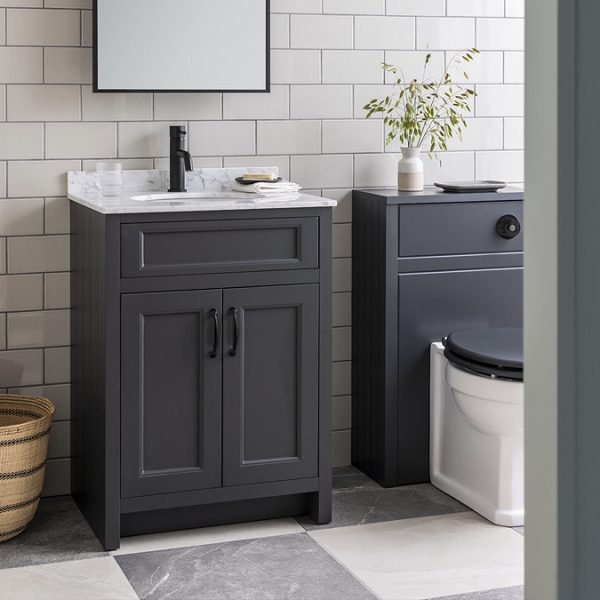Chatsworth Graphite 610mm Vanity with White Marble Basin Top + Matt Black Handles - Image 5