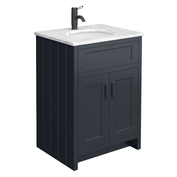 Chatsworth Graphite 610mm Vanity with White Marble Basin Top + Matt Black Handles - Image 4