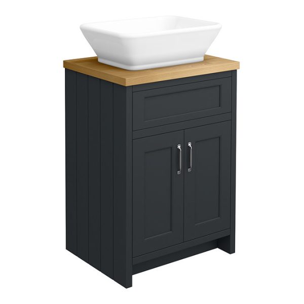 Chatsworth 610mm Graphite Countertop Vanity with Beech Worktop, Rectangular Gloss White Basin & Chrome Handles - Image 6