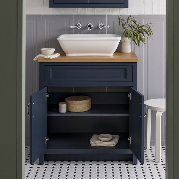 Chatsworth 610mm Blue Countertop Vanity with Beech Worktop, Rectangular Gloss White Basin & Chrome Handles - Image 7
