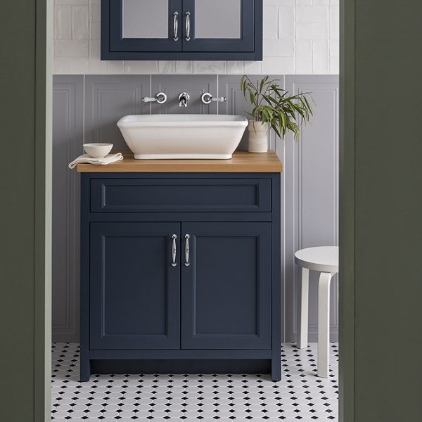 Chatsworth 610mm Blue Countertop Vanity with Beech Worktop, Rectangular Gloss White Basin & Chrome Handles - Image 2