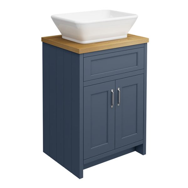 Chatsworth 610mm Blue Countertop Vanity with Beech Worktop, Rectangular Gloss White Basin & Chrome Handles - Image 6