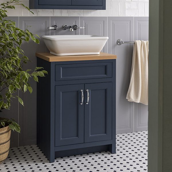 Chatsworth 610mm Traditional Blue Countertop Vanity with Beech Worktop & Chrome Handles - Image 2