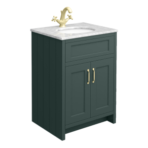 Chatsworth Green 610mm Vanity with White Marble Basin Top + Brushed Brass Handles