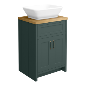 Chatsworth 610mm Green Countertop Vanity with Beech Worktop, Rectangular Gloss White Basin & Antique Brass Handles