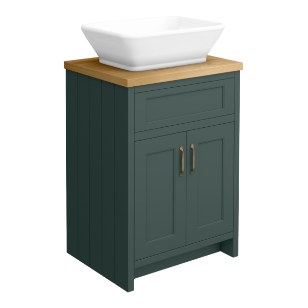 Chatsworth 610mm Green Countertop Vanity with Beech Worktop, Rectangular Gloss White Basin & Antique Brass Handles