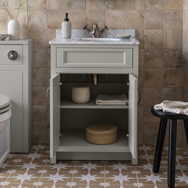 Chatsworth Grey 610mm Vanity with White Marble Basin Top + Matt Black Handles - Image 5