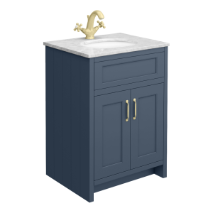 Chatsworth Blue 610mm Vanity with White Marble Basin Top + Brushed Brass Handles