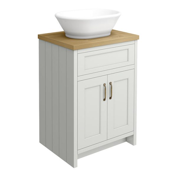 Chatsworth 610mm Grey Countertop Vanity with Beech Worktop, Oval Gloss White Basin & Antique Brass Handles - Image 6