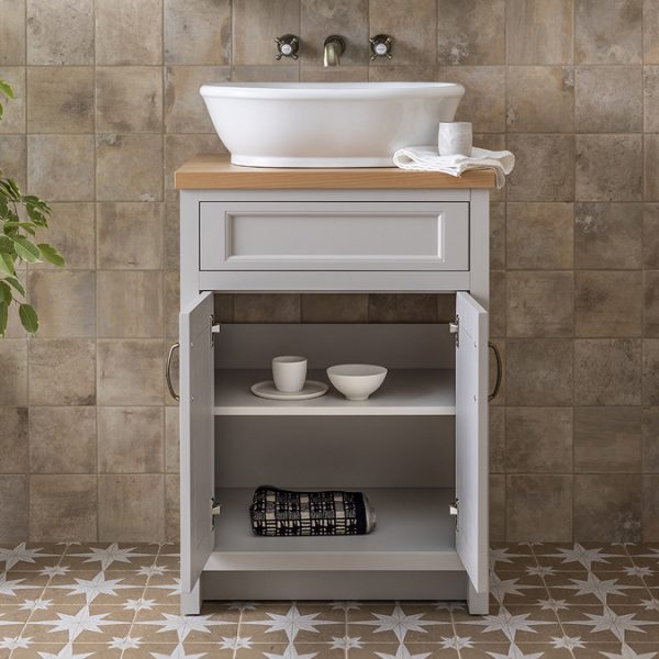 Chatsworth 610mm Traditional Grey Countertop Vanity with Beech Worktop & Antique Brass Handles - Image 4