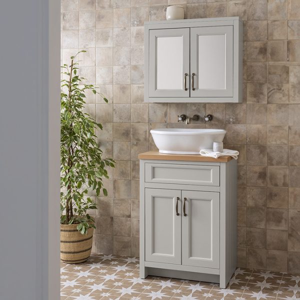 Chatsworth 610mm Traditional Grey Countertop Vanity with Beech Worktop & Antique Brass Handles - Image 2