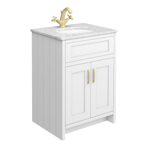 Chatsworth White 610mm Vanity with White Marble Basin Top + Brushed Brass Handles