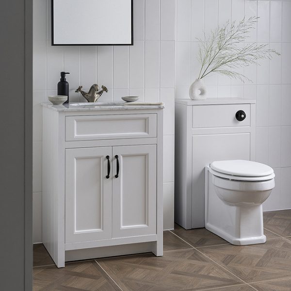 Chatsworth White 610mm Vanity with White Marble Basin Top + Matt Black Handles - Image 5
