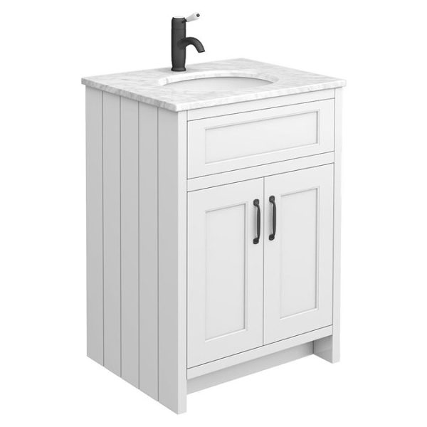 Chatsworth White 610mm Vanity with White Marble Basin Top + Matt Black Handles - Image 3