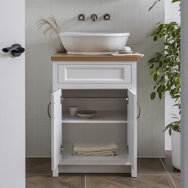Chatsworth 610mm White Countertop Vanity with Beech Worktop, Oval Gloss White Basin & Antique Brass Handles - Image 2