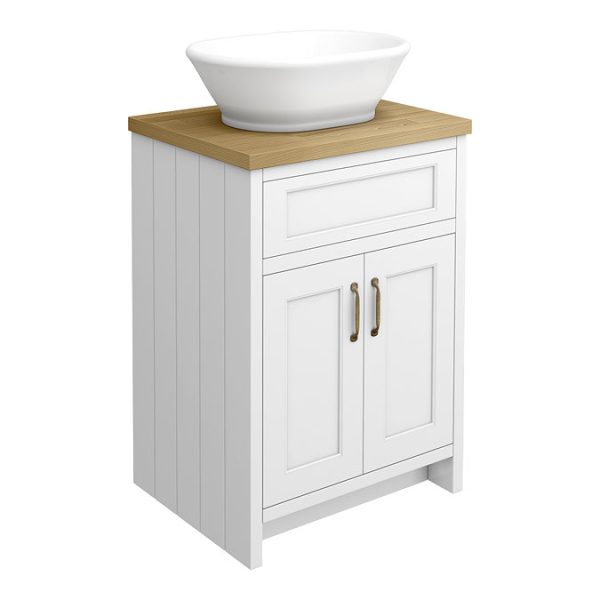 Chatsworth 610mm White Countertop Vanity with Beech Worktop, Oval Gloss White Basin & Antique Brass Handles - Image 6