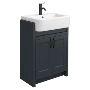 Chatsworth Traditional Graphite Semi Recessed Vanity   600mm Wide with Matt Black Handles