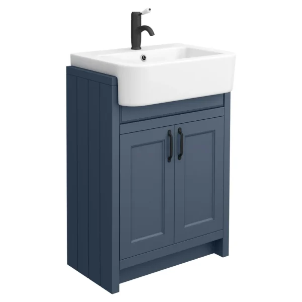 Chatsworth Traditional Blue Semi Recessed Vanity   600mm Wide with Matt Black Handles