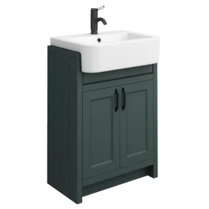 Chatsworth Traditional Green Semi Recessed Vanity   600mm Wide with Matt Black Handles