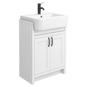 Chatsworth Traditional White Semi Recessed Vanity   600mm Wide with Matt Black Handles