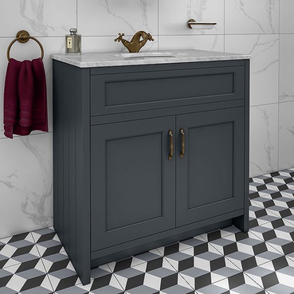 Chatsworth Graphite 810mm Vanity with White Marble Basin Top with Antique Brass Handles - Image 2