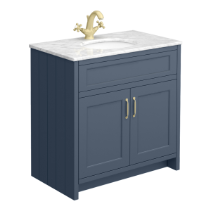 Chatsworth Blue 810mm Vanity with White Marble Basin Top + Brushed Brass Handles