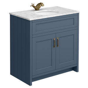 Chatsworth Blue 810mm Vanity with White Marble Basin Top with Antique Brass Handles