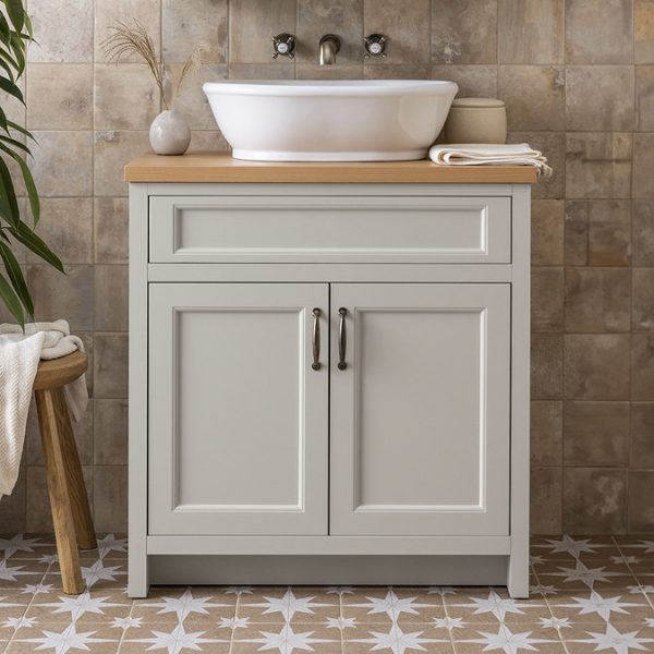 Chatsworth 810mm Traditional Grey Countertop Vanity with Beech Worktop & Antique Brass Handles - Image 4