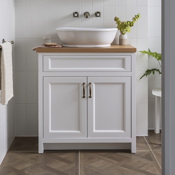 Chatsworth 810mm Traditional White Countertop Vanity with Beech Worktop & Antique Brass Handles - Image 2