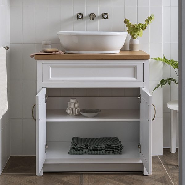 Chatsworth 810mm White Countertop Vanity with Beech Worktop, Oval Gloss White Basin & Antique Brass Handles - Image 2