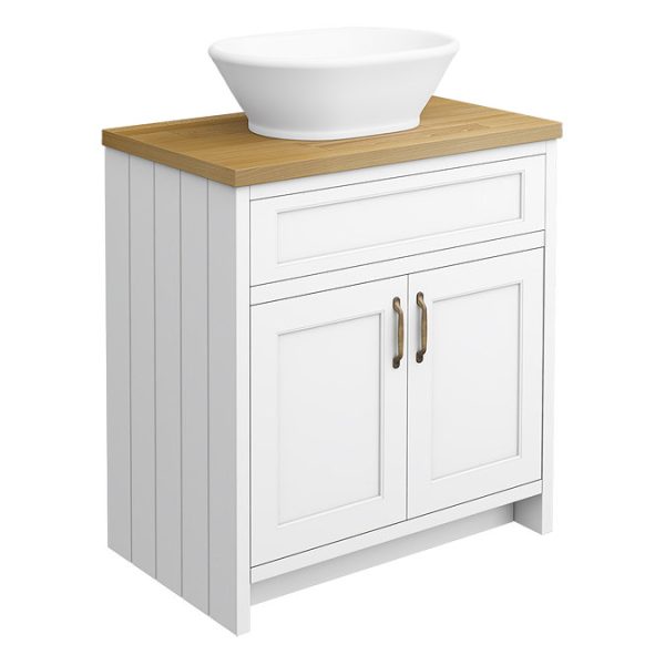 Chatsworth 810mm White Countertop Vanity with Beech Worktop, Oval Gloss White Basin & Antique Brass Handles - Image 6