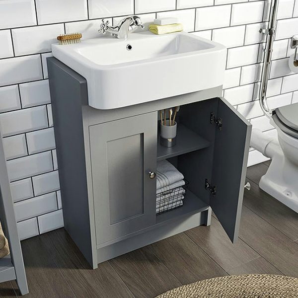 The Bath Co. Camberley 600mm Satin Grey Floor Standing Vanity Unit and Semi Recessed Basin - Image 3
