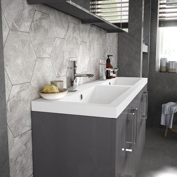 Hudson Reed 1200mm Gloss Grey Wall Hung Combination Unit & Double Basin (600 Vanity x 2) - Image 4