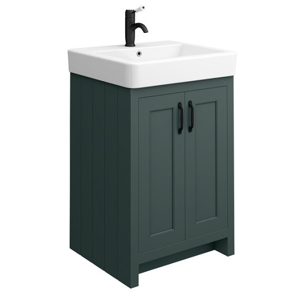 Chatsworth Traditional Green Double Basin Vanity + Cupboard Combination Unit with Matt Black Handles - Image 4