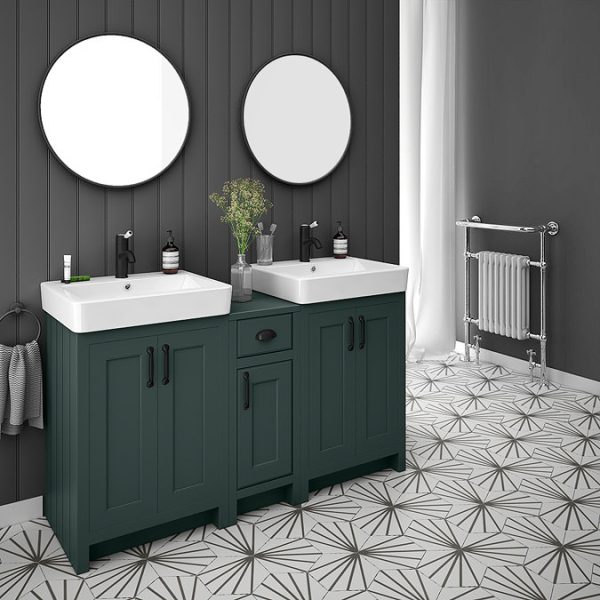 Chatsworth Traditional Green Double Basin Vanity + Cupboard Combination Unit with Matt Black Handles - Image 2