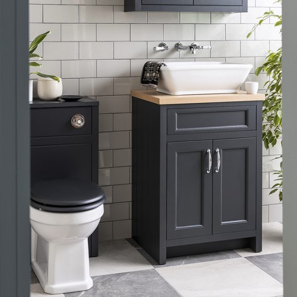 Chatsworth 610mm Traditional Graphite Countertop Vanity with Beech Worktop & Chrome Handles - Image 5