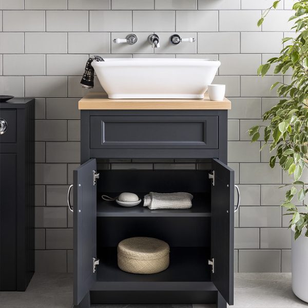 Chatsworth 610mm Traditional Graphite Countertop Vanity with Beech Worktop & Chrome Handles - Image 2