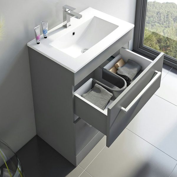 Orchard Derwent 600mm Stone Grey Floor Standing Vanity Drawer Unit with Ceramic Basin - Image 3