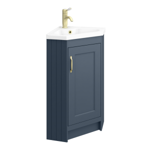 Chatsworth Traditional Blue Corner Vanity Unit with Brushed Brass Handle