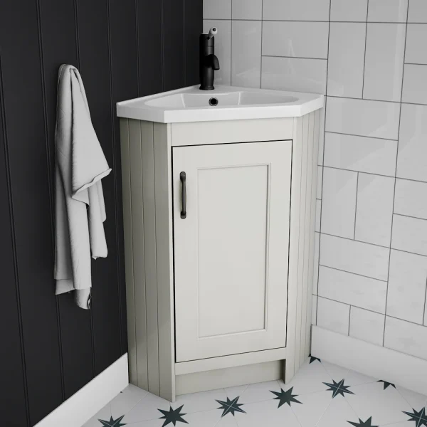 Chatsworth Traditional Grey Corner Vanity Unit with Matt Black Handle